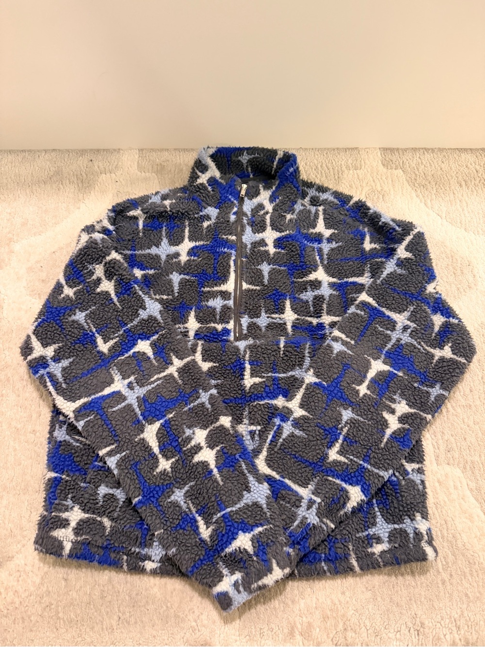 Urban Outfitters Gray, Blue & White Patterned Sherpa Quarter-Zip Pullover